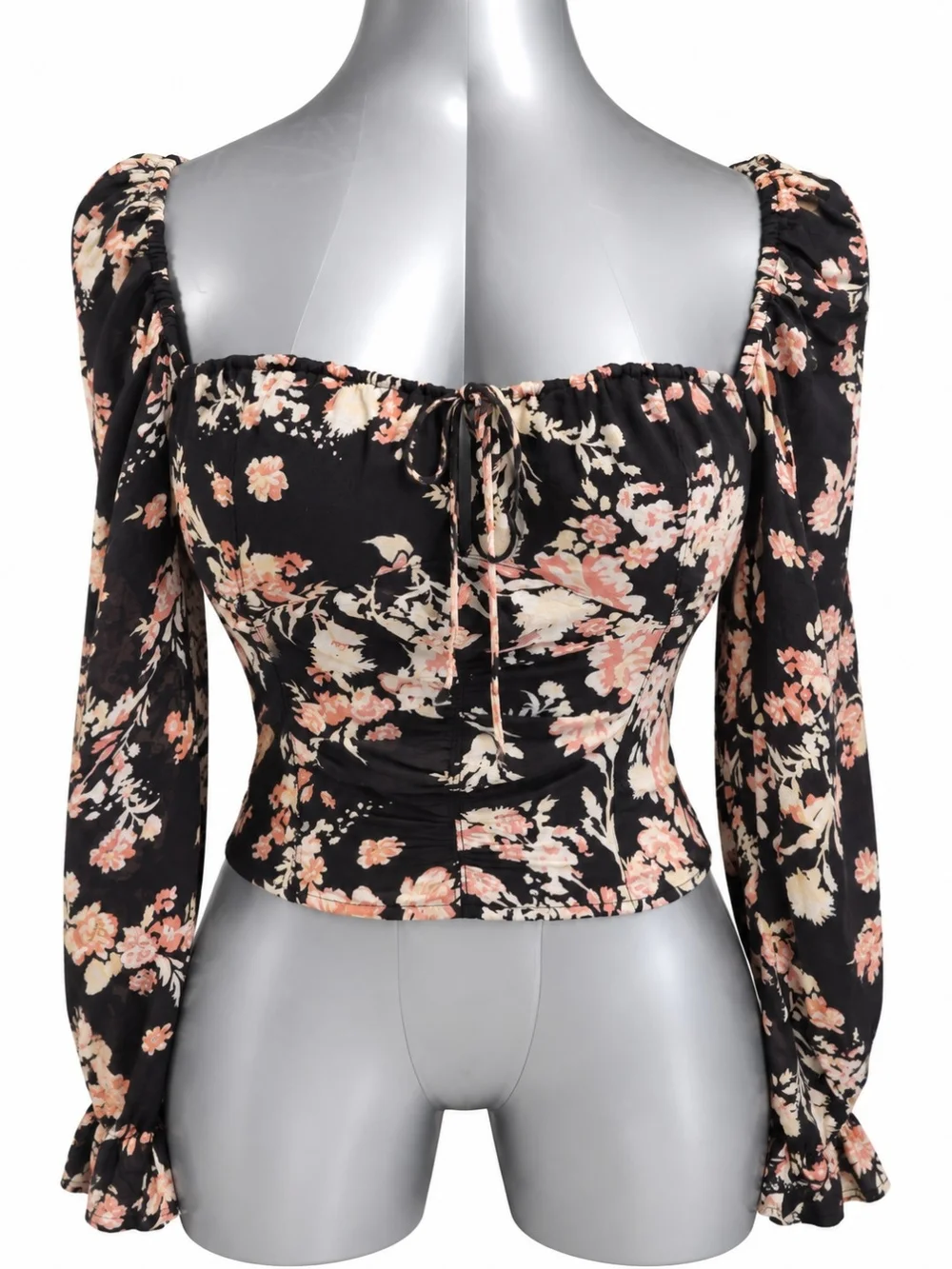 Free People Medium Floral Smocked Back Corset Crop Blouse Boho Puff Sleeve EUC